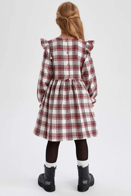 Defacto Girl's Square Patterned Long Sleeve Flannel Dress
