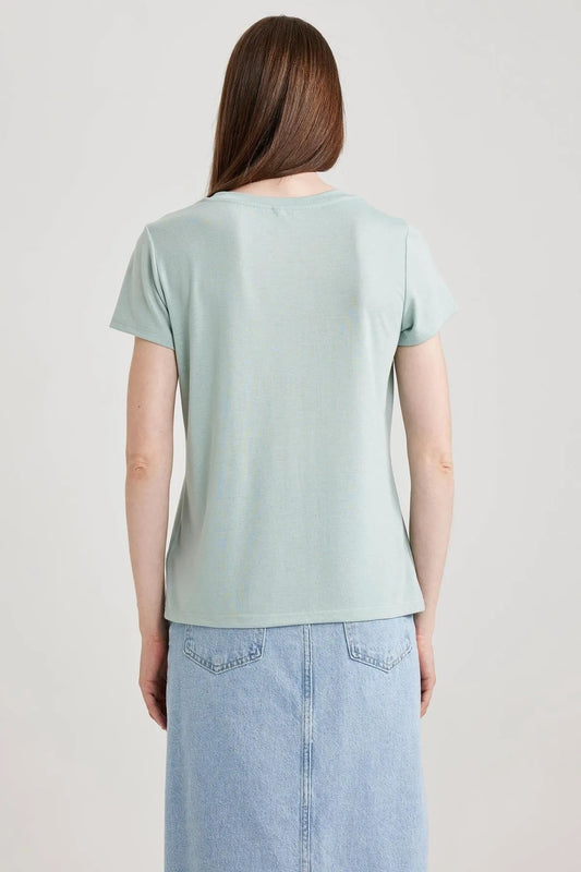 Defacto Women's Green Regular Fit Crew Neck Short Sleeve T-Shirt