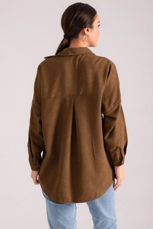 Armonika Women's Dark Khaki Pocket Oversize Slim Corduroy Shirt