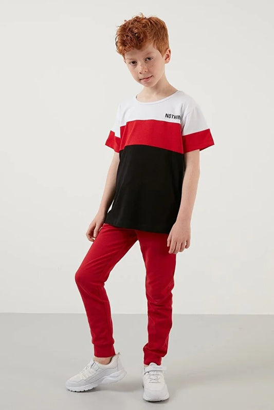 Lela Boy's Red Color Block Crew Neck Cotton T-Shirt