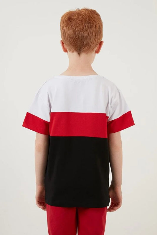 Lela Boy's Red Color Block Crew Neck Cotton T-Shirt