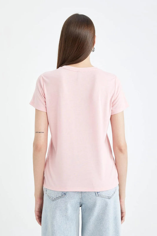 Defacto Women's Pink Regular Fit Crew Neck Short Sleeve T-Shirt