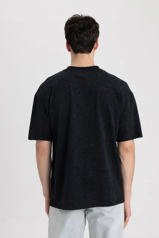 Defacto Men's Black Boxy Fit Crew Neck Printed T-Shirt