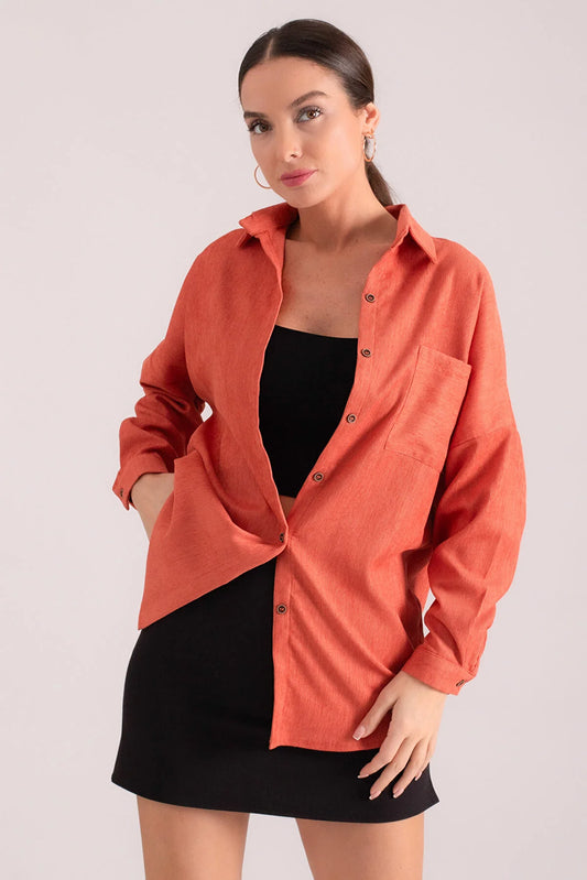 Armonika Women's Salmon Pocket Oversize Slim Corduroy Shirt