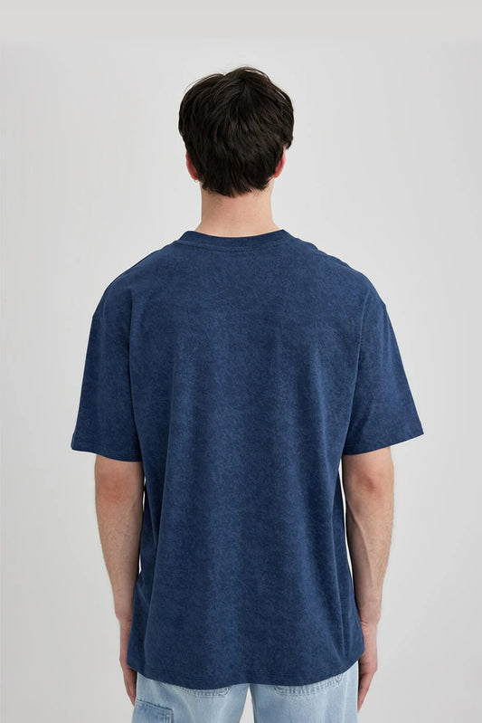 Defacto Men's Navy Blue Boxy Fit Crew Neck Parinted T-Shirt