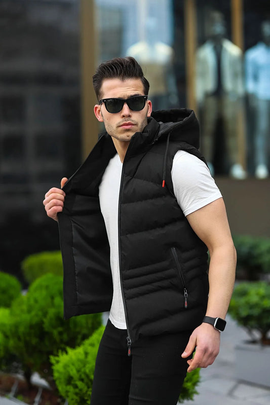 Boymen Men's Black Waterproof Removable Hooded Vest