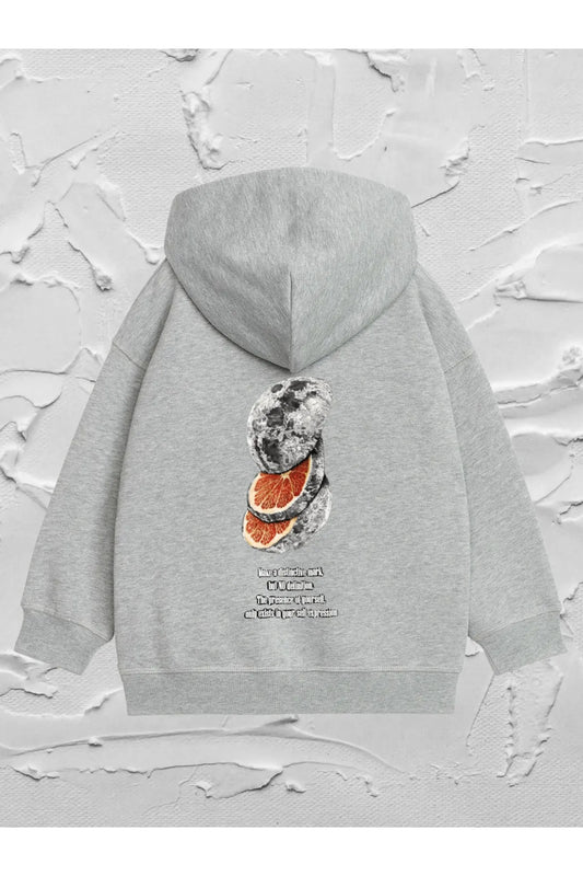 Vask Gril's Grey Hooded Oversize Sliced Moon Printed Sweatshirt