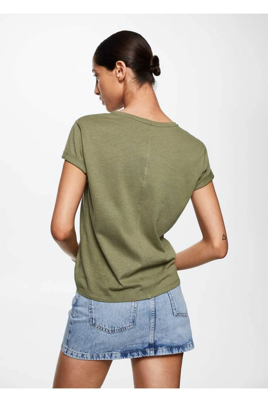 Mango Women's Green Linen-cotton Blend T-Shirt