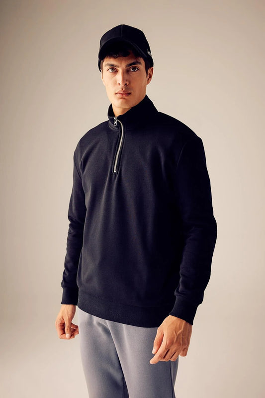 Defacto Men's Black Comfort Fit Zippered High Collar Sweatshirt