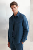 Grimelange Men's Blue Woven Thick Textured Surface Flap Pocket Buttoned Jacket
