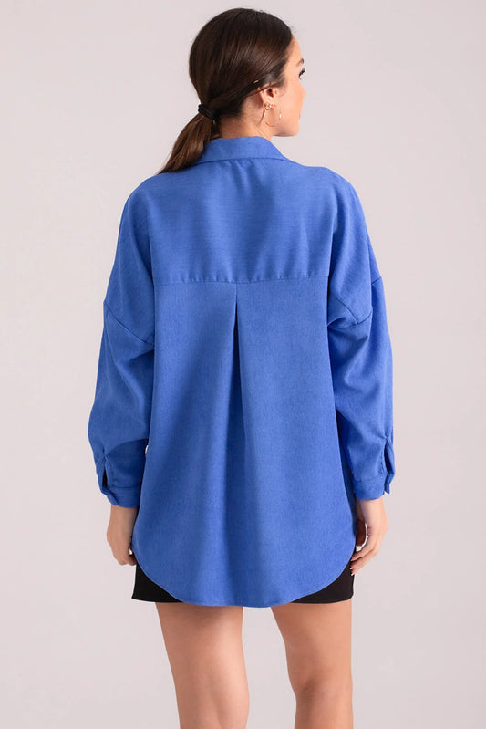 Armonika Women's Blue Pocket Oversize Slim Corduroy Shirt