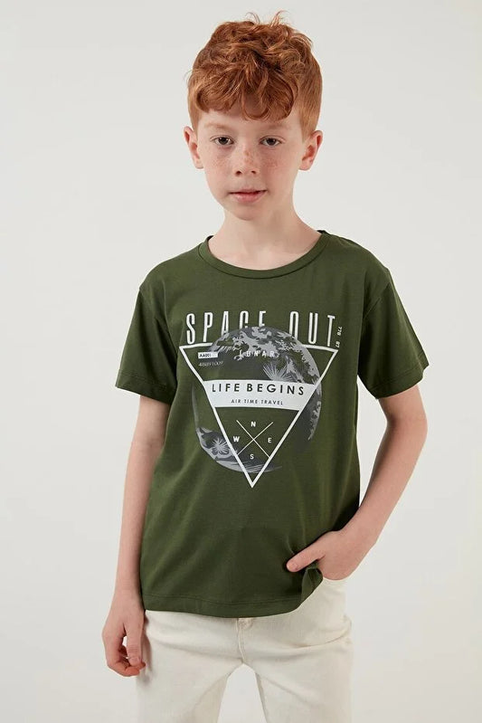 Lela Boy's Khaki Printed Crew Neck Cotton T-Shirt