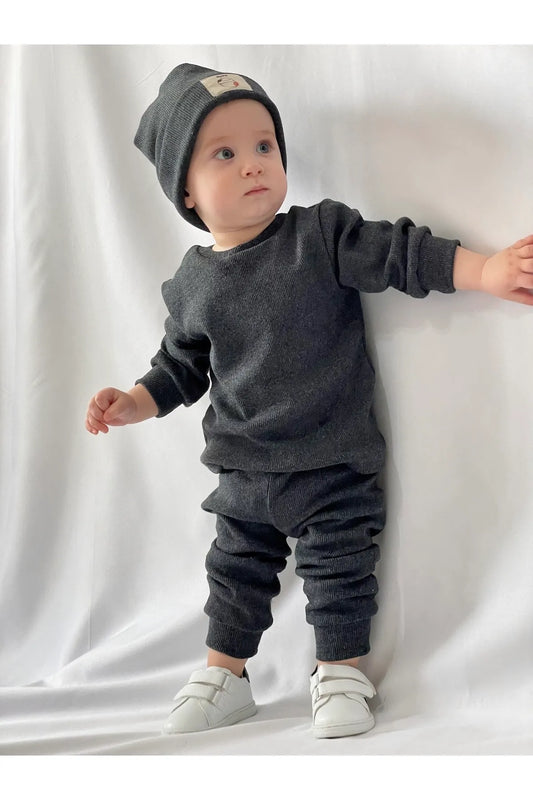 MiaBaby Baby Anthracite Cotton Beret 3-Piece Set Baby