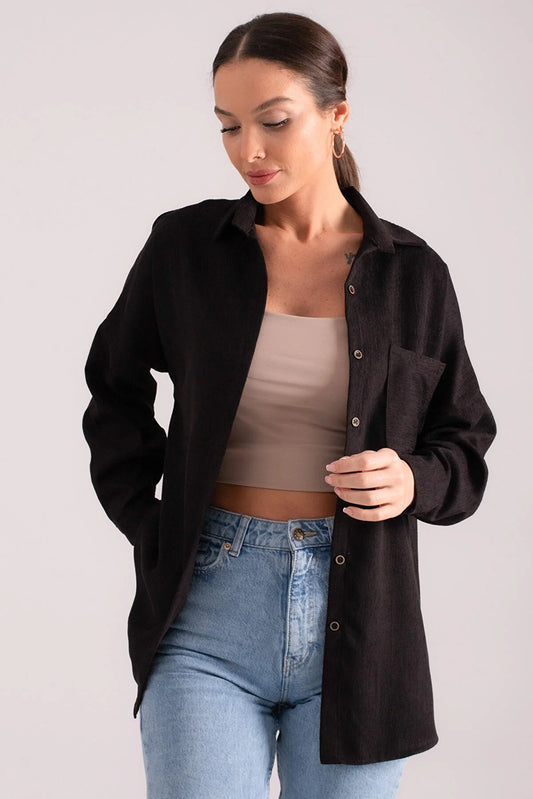 Armonika Women's Black Pocket Oversize Slim Corduroy Shirt