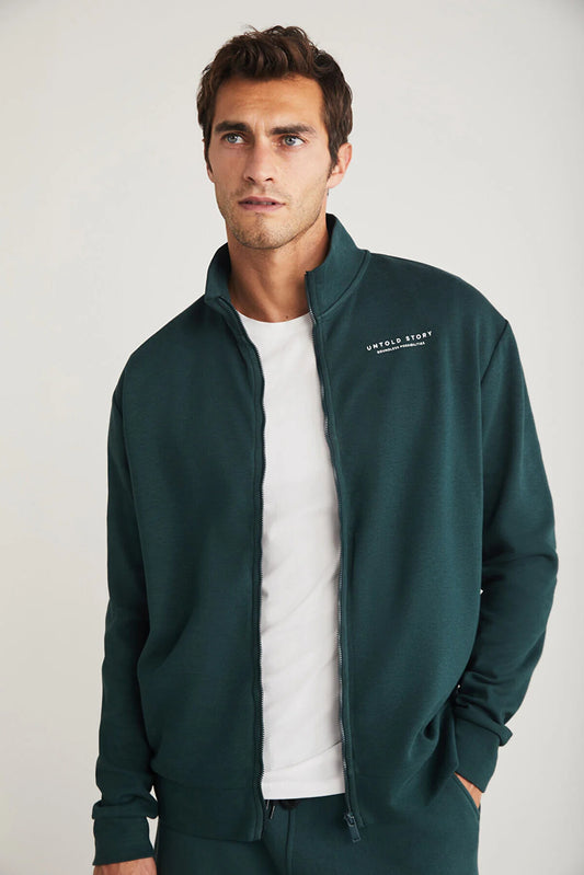 Grimelange Men's Dark Green Zippered Printed Daily Jacket