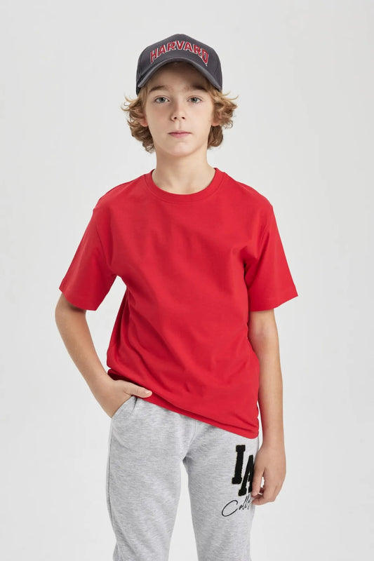 Defacto Boy's Red Crew Neck Short Sleeve T-Shirt