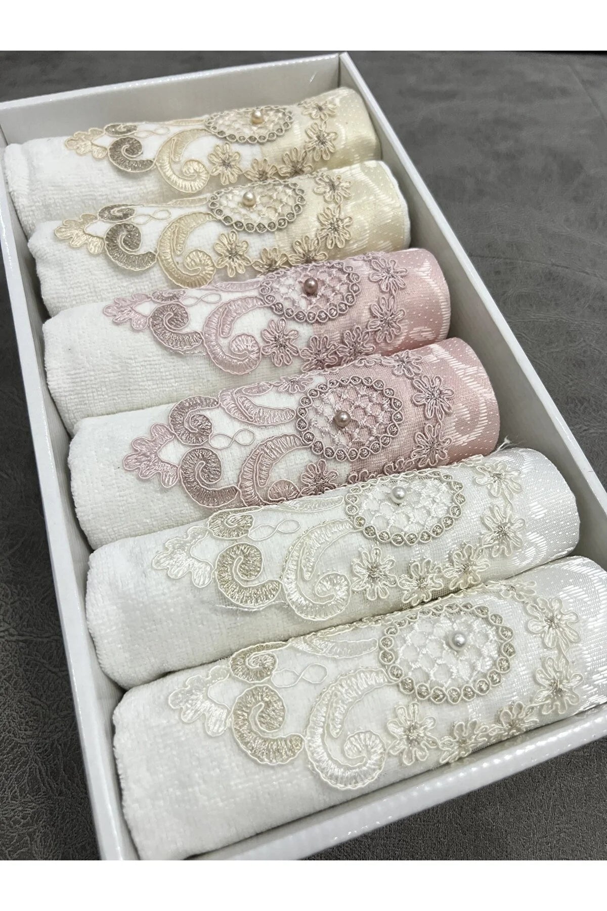 Ayhan Home Kitchen Set of 6 Laced Satin Embroidered Boxed Dowry 30x50 Towels