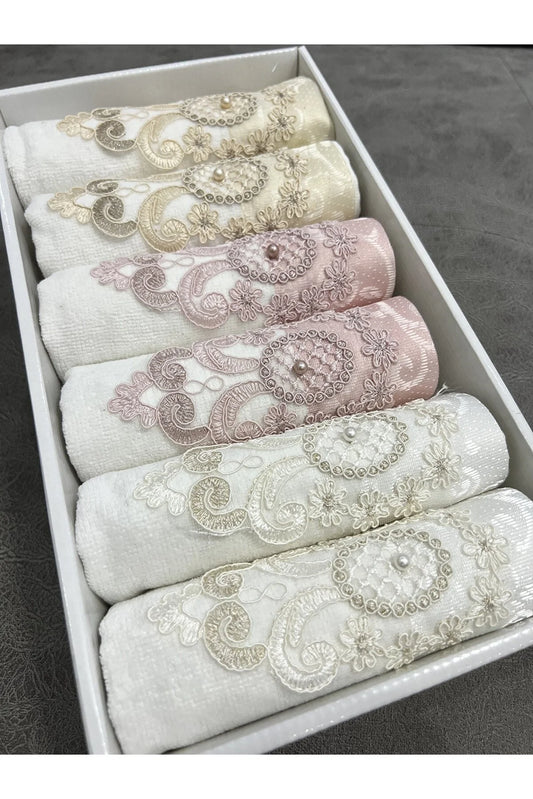Ayhan Home Kitchen Set of 6 Laced Satin Embroidered Boxed Dowry 30x50 Towels