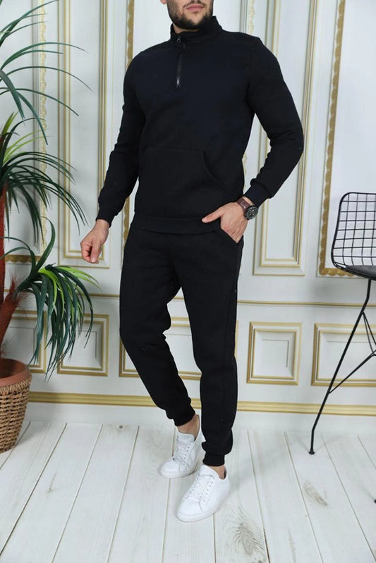Exsport Men's Dark Black Thread Half Zippered Cotton Inside Winter Tracksuit