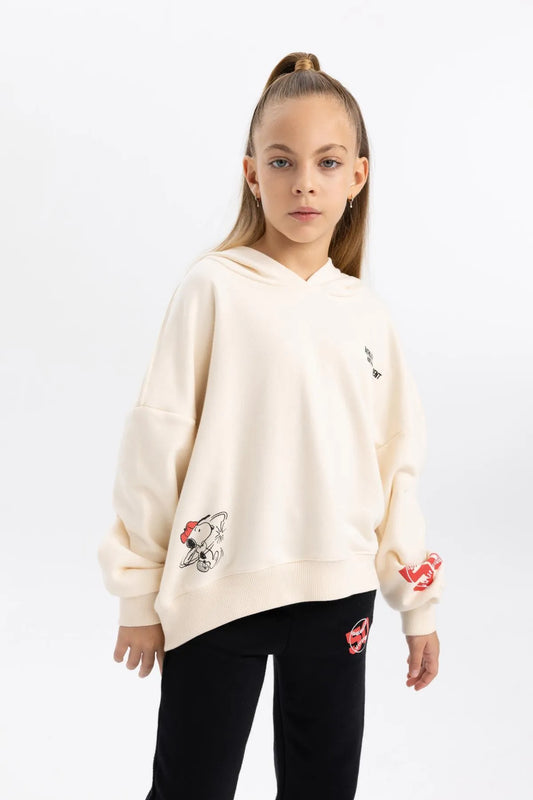 Defacto Girl's Pink Snoopy Relax Fit Hooded Sweatshirt