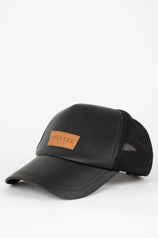 Defacto Men's Black Faux Leather Cap Hat