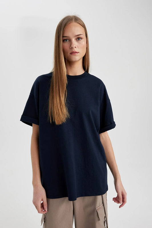 Defacto Women's Navy Blue Oversize Fit T-Shirt