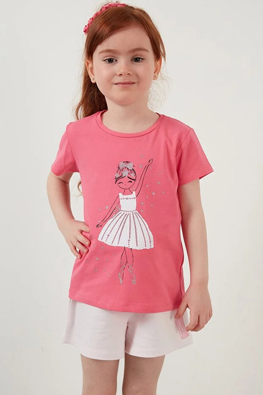 Lela Girl's Pink Printed Crew Neck Cotton T-shirt