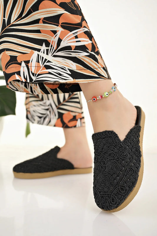 Modafırsat Women's Straw Closed Knit Lace Embroidery Slippers