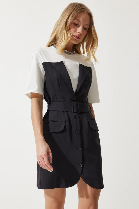 Happiness Istanbul Women's Black and White Contrast Transitional Dress