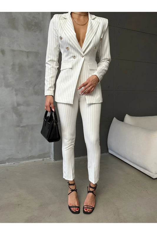 Female Clothing Women's Striped Buttoned Blazer Jacket Pants Sets