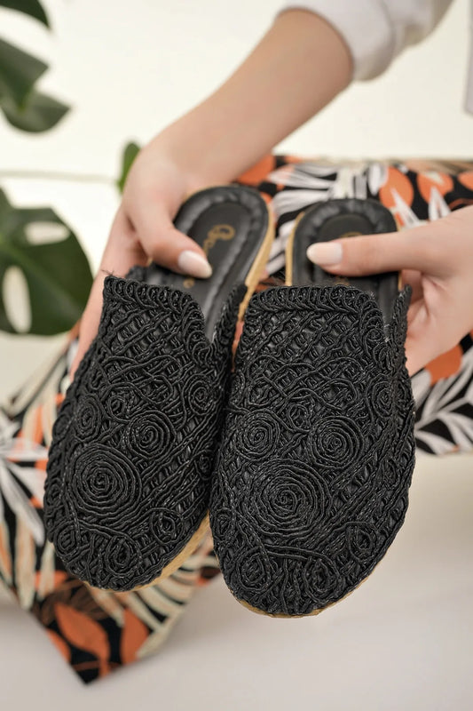 Modafırsat  Women's Straw  Closed Knit Lace Embroidery Slippers