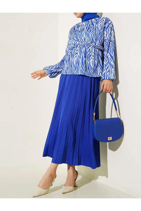 Volt Clothing Women's Zebra Patterned Waist Drawstring Pleated Skirt Sets
