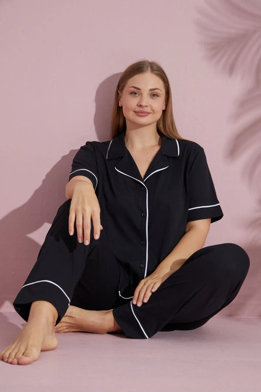 Pijamood Plus Size Women's Black Short Sleeve Cotton Front Buttoned Pijama Set