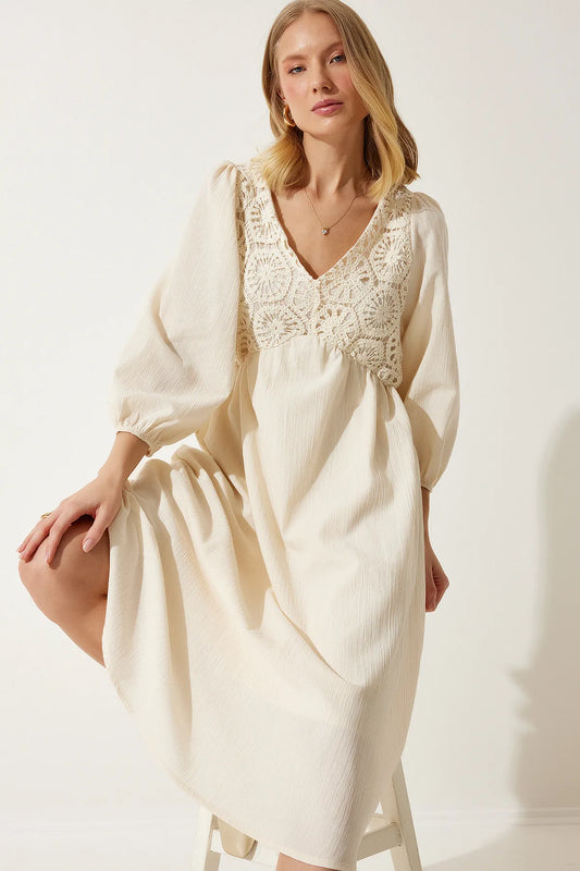 Happiness Istanbul Women's Cream Guipure Detailed Summer Linen Dress