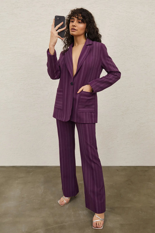 Female Clothing Women's Lilac Striped Pocket Blazer Jacket Sets