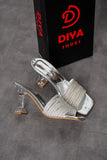Diya Shoes Women's  Silver Tied Ankle Front Crystal Stone Heels