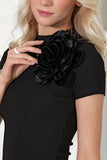 Trend Alaçatı Style Women's Black Crew Neck Satin Rose Detailed Crop Ribbed Blouse