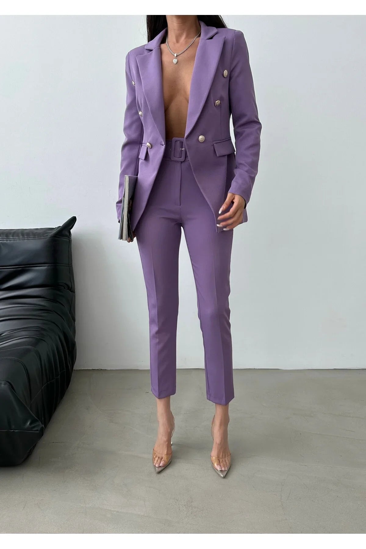 Female Clothing Women's Button Blazer Jacket Stretchy Pants Sets