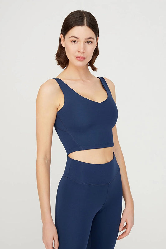 Los Ojos Women's Navy Blue V-Neck Lightly Supported Covered Sports Bra