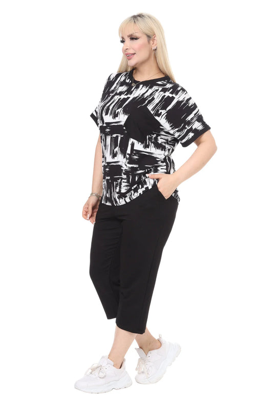 Melsay Women's Plus Size Black Brush Pattern Capri Sets