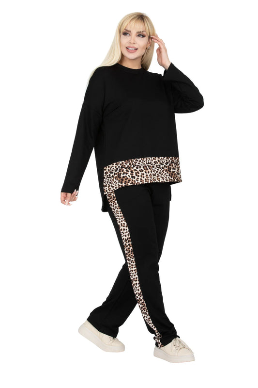 Melsay Women's Leopard Stripe Detailed Plus Size Tracksuit Sets