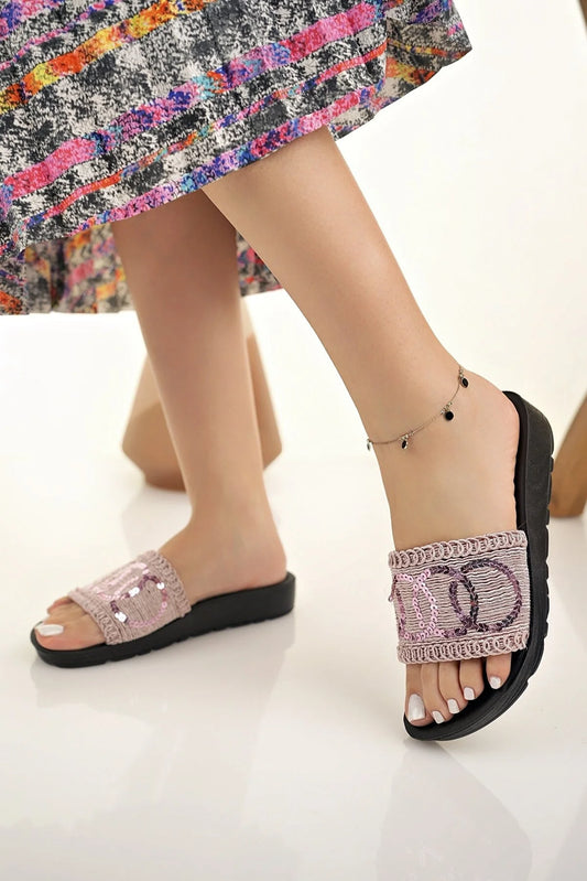 Modafırsat Women's Straw  Knitting Lace Stone Detailed Stylish Slippers