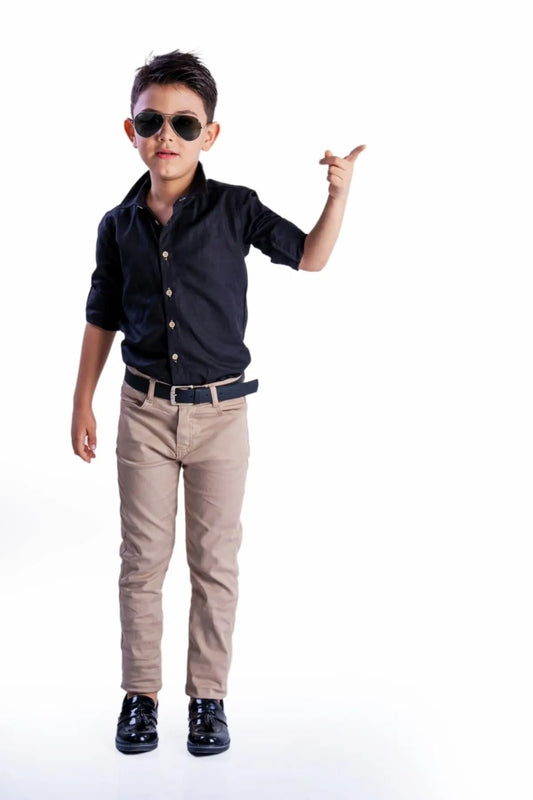 Terry Boy's Black Shirt with Belt Beige Trousers Suit