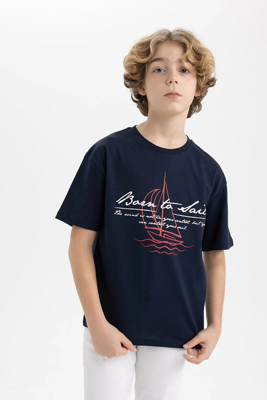 Defacto Boy's Navy Blue Oversize Fit Crew Neck Printed Short Sleeve T-Shirt