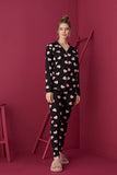 Strawberry Women's Black Cotton Buttoned Pajama