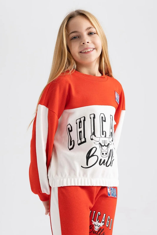 Defacto Girl's Orange White Chicago Bulls Relax Fit Sweatshirt