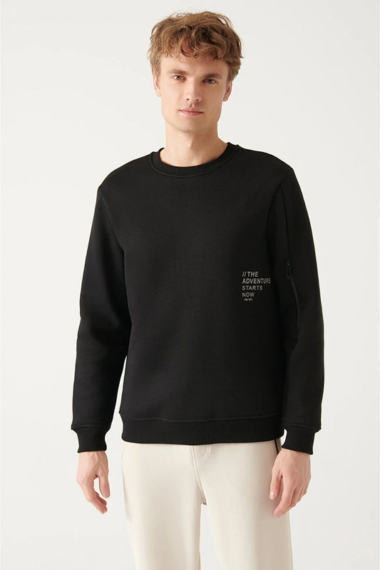 Avva Men's Black Crew Neck Printed Sweatshirt