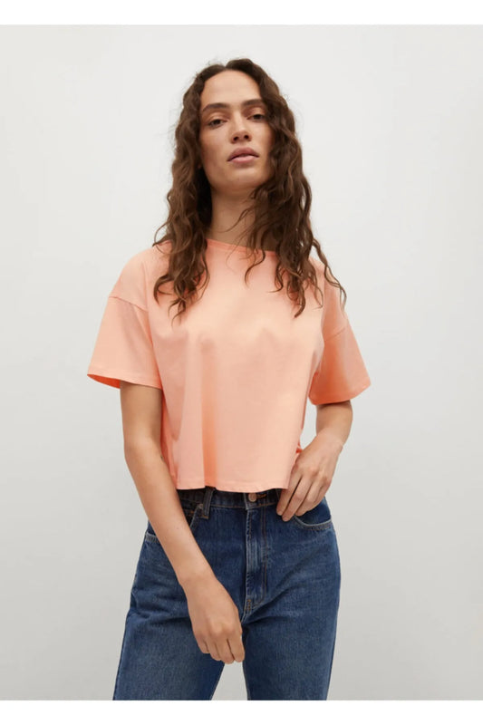 Mango Women's Pinkish Orange Short Cotton T-Shirt