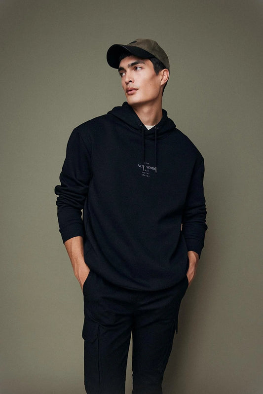 Defacto Men's Black Relax Fit Hooded Sweatshirt