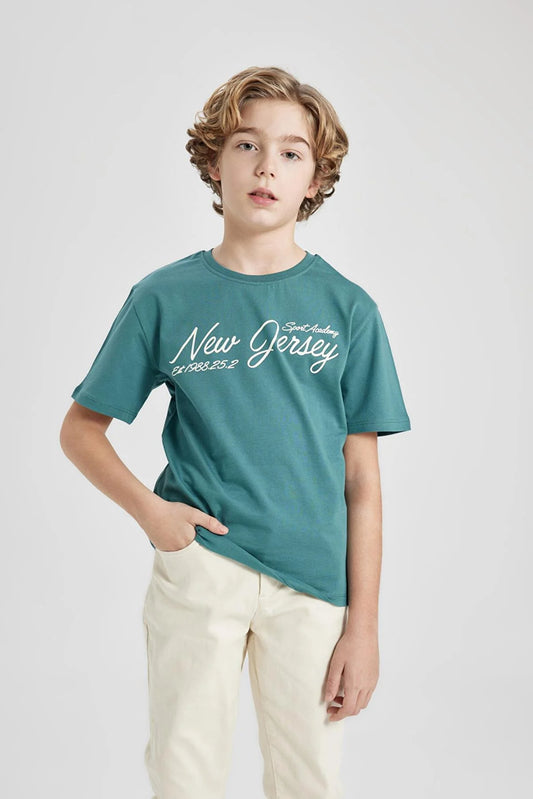 Defacto Boy's Green Regular Fit Crew Neck Printed Short Sleeve T-Shirt